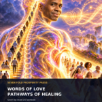 Cover of Words of Love, Pathways of Healing: Coach Shelove as a translucent figure with a golden stairway along the spine, an illuminated brain, waves from his mouth, and people emerging joyfully from a radiant heart.