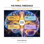 The Pineal Threshold cover: translucent blue and violet brain illuminated by golden energy behind the biology, mind, history, and symbol panels.