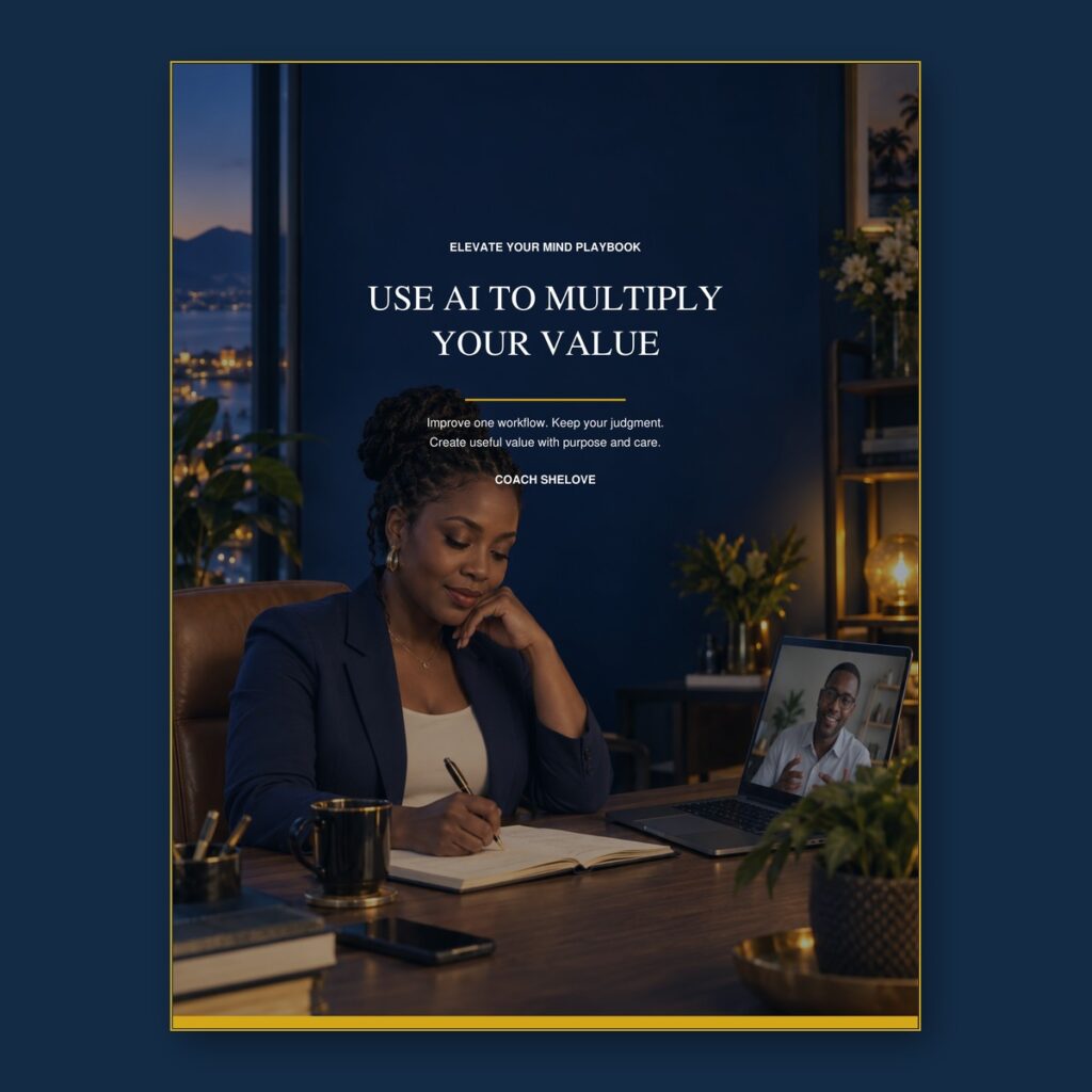 Cover of Use AI to Multiply Your Value: a woman writing in a notebook at a desk by a window at dusk, with a laptop on a video call.